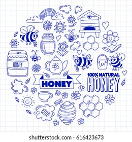 Honey market, bazaar, honey fair Doodle images of bees, flowers, jars, honeycomb, beehive, spot, the keg with lettering sweet honey, natural honey, sweet bees