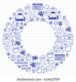 Honey market, bazaar, honey fair Doodle images of bees, flowers, jars, honeycomb, beehive, spot, the keg with lettering sweet honey, natural honey, sweet bees