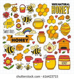 Honey market, bazaar, honey fair Doodle images of bees, flowers, jars, honeycomb, beehive, spot, the keg with lettering sweet honey, natural honey, sweet bees