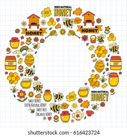 Honey market, bazaar, honey fair Doodle images of bees, flowers, jars, honeycomb, beehive, spot, the keg with lettering sweet honey, natural honey, sweet bees
