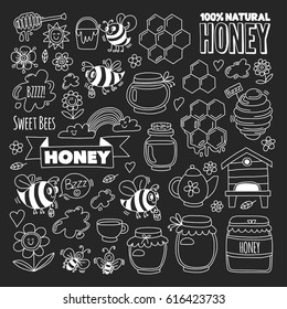 Honey market, bazaar, honey fair Doodle images of bees, flowers, jars, honeycomb, beehive, spot, the keg with lettering sweet honey, natural honey, sweet bees