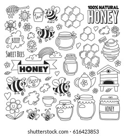 Honey market, bazaar, honey fair Doodle images of bees, flowers, jars, honeycomb, beehive, spot, the keg with lettering sweet honey, natural honey, sweet bees