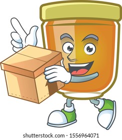 Honey in mascot with bring box on white background