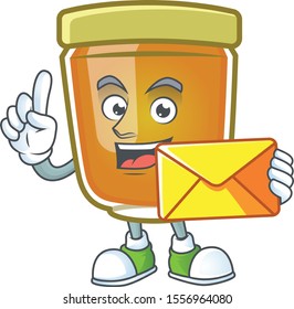 Honey in mascot bring envelope on white background