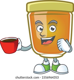 Honey in mascot drinking in cup on white background