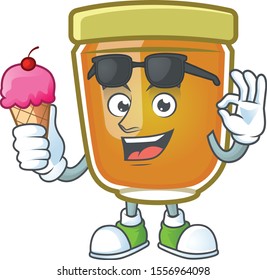 Honey in mascot with ice cream on white background