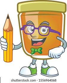 Honey in mascot student holding pencil on white background