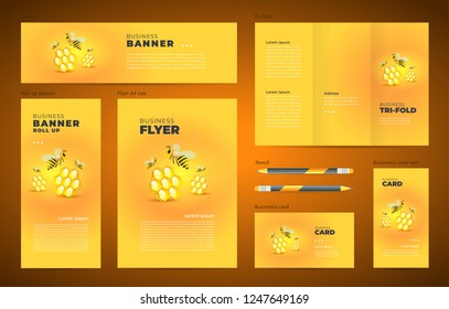 Honey mead bee Set flyer cover, tri-fold, banner, roll up banner, business card yellow color