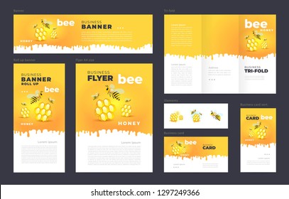 Honey Mead Bee Set Flyer Cover, Tri-fold, Banner, Roll Up Banner, Business Card Yellow Color