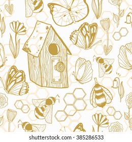 Honey Meadows seamless vector pattern. Flowers, bees, butterflies, honeycombs. Cute summer theme for scrapbook paper, fabrics and web.