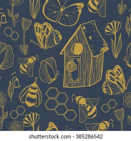 Honey Meadows seamless vector pattern. Flowers, bees, butterflies, honeycombs. Cute summer theme for scrapbook paper, fabrics and web.