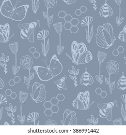 Honey Meadows seamless vector pattern. Flowers, bees, butterflies, honeycombs. Cute summer theme for scrapbook paper, fabrics and web.