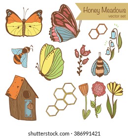 Honey Meadows vector set. Flowers, bees, butterflies, honeycombs. Cute summer theme for scrapbook paper, fabrics and web.