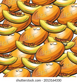 Honey melon, sliced in a seamless pattern, orange melon and pieces of melon in the cut, isolated on a white background. Vector illustration