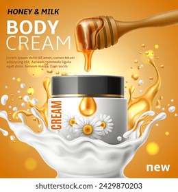 Honey and milk cream. Cosmetic advertising promo poster. White jar with chamomile on label. Lotion and oil liquid splashes, face and body care, realistic promotional banner. Vector concept