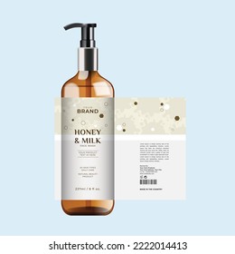 Honey and milk face wash packaging cosmetic label, glass jar label, gel and cream pack bottle design, woman wash care label, product care, skin health, mock up, liquid spray template, graphic label