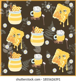 Honey with milk on the brown background with flowers and plants
