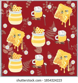 Honey with milk on the red background with flowers and plants