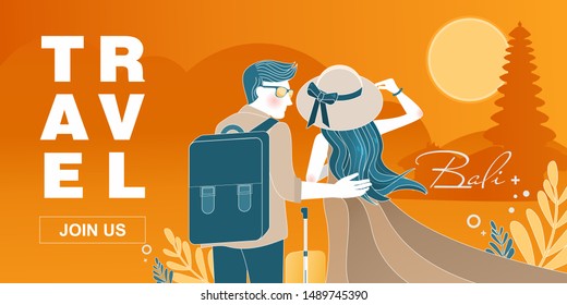 Honey moon to Bali vector flat style design illustration. Unique Travel concept with traveling couple with luggage landmarks for web banner, website page etc.