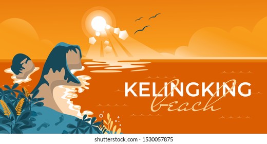 Honey moon to Bali vector flat style design illustration. Unique Travel concept in Nusa Penida Bali - Kelingking Beach for web banner, website page, etc