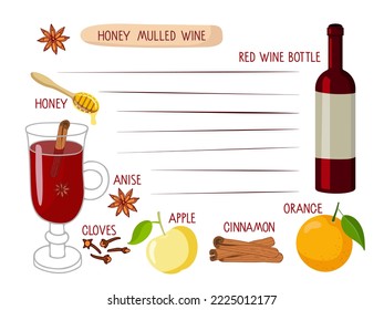 Honey mulled wine recipe card with copy space. Drink glass with ingredients for recipe, fruits and spices, honey, bottle. Flat vector drink recipe template isolated on white background. Hot red drink