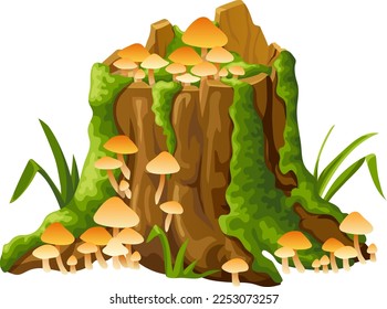 Honey mushrooms, moss  on logs, stumps. Cartoon oak in lichen and toadstools in swamp forest. Broken tree in tropical damp jungle. Isolated vector element on white background.