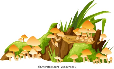 Honey mushrooms, moss  on logs, stumps. Cartoon oak in lichen and toadstools in swamp forest. Broken tree in tropical damp jungle. Isolated vector element on white background.