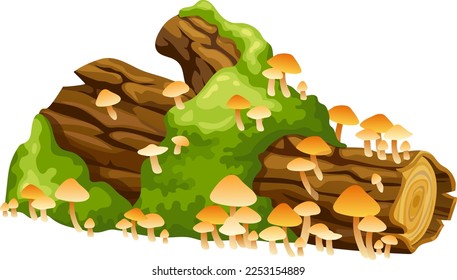 Honey mushrooms, moss  on logs, stumps. Cartoon oak in lichen and toadstools in swamp forest. Broken tree in tropical damp jungle. Isolated vector element on white background.