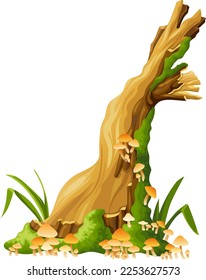 Honey mushrooms, moss  on logs, stumps. Cartoon oak in lichen and toadstools in swamp forest. Broken tree in tropical damp jungle. Isolated vector element on white background.