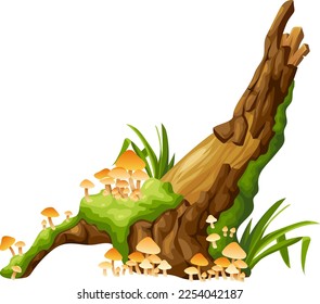 Honey mushrooms, moss  on logs, stumps. Cartoon oak in lichen and toadstools in swamp forest. Broken tree in tropical damp jungle. Isolated vector element on white background.