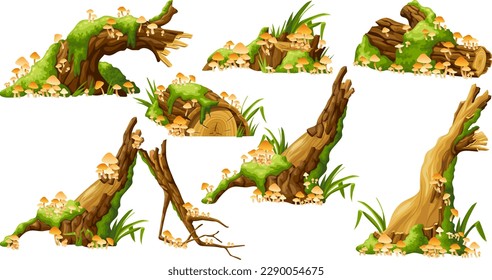 Honey mushrooms, moss  on logs, stumps. Cartoon oak in lichen and toadstools in swamp forest. Broken tree in tropical damp jungle. Isolated vector element on white background.