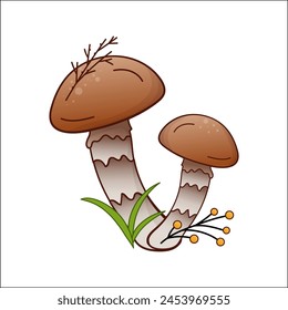 honey mushrooms vector color illustration isolated. Hand drawn armillaria melea in cartoon style. Design element for theme forest mushrooms, menu, forest, ingredients, recipes, organic products, etc.