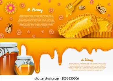 Honey or natural farm product. beekeeping or garden. Health, organic sweets, medicine illustration, agriculture. food in honeycomb cooked by bees. background for text. Card or poster for web site.