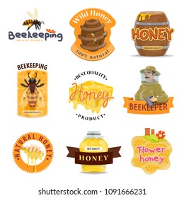 Honey natural food label set of beekeeping farm organic product. Bee, honeycomb and beehive, honey jar, dipper and barrel, beekeeper and apiary for honey packaging emblem and tag design