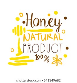 Honey natural product, 100 percent logo symbol. Colorful hand drawn vector illustration