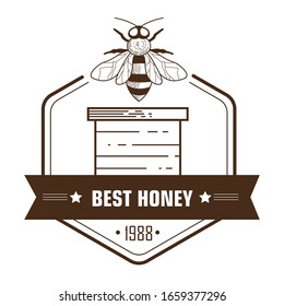 Honey natural product isolated icon, apiary and beekeeping label vector. Flying bees and barrel, natural production logo and emblem. Farm food, organic nutrition, insects or animals breeding