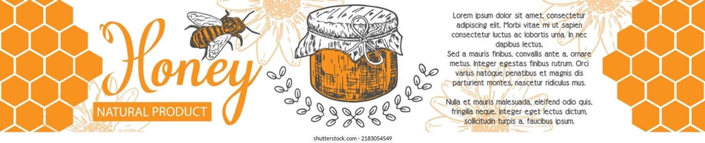 Honey natural product label vector design with text. Commercial badge for package and brand poster mock up. Organic nutrition promotion
