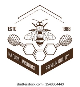 Honey natural product, premium quality label packaging design. Bee top view, honeycomb, wooden dippers and text. Vintage style ad banner design. Hand drawn sketch illustration on white background.