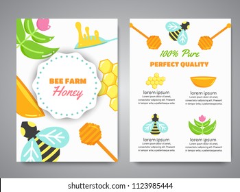 Honey newsletter with flat honey elements. Poster with bee, beehive, jar, honeycomb. Web header with Vector