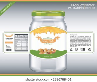 Honey Nuts packaging, Honey label, Nuts Bottle Label, Bottle Sticker, Product Label, honey, Nuts pack, Nutrition Label, Packaging template design, vector, Bottle Mockup, Jar Mockup, Free Mockup