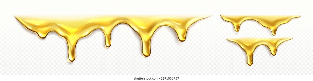 Honey, oil or liquid syrup drips and flows. Drops of clear yellow sauce, melted caramel, honey or argan oil isolated on transparent background, vector realistic set