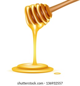 honey on dipper falling isolated on white background