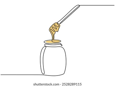 Honig eine durchgehende Linie Zeichnung. Honigglas mit Honigbienen-Tropf und Löffel, natürliches Lebensmittelkonzept. Vektorgrafik minimalistisch einzeln auf weißem Hintergrund.