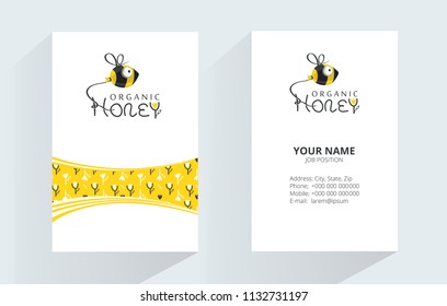 Honey organic Background with Working Bee. Corporate vertical Business card template. Element for design vertical business cards, invitations, gift cards, flyers and brochures