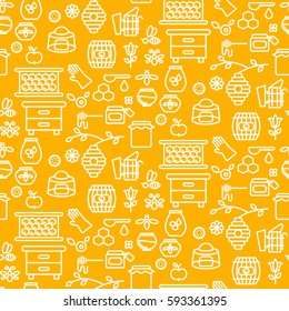 Honey outline icon seamless vector pattern. Line style monochrome yellow beekeeping background.
