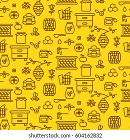 Honey outline icon seamless vector pattern. Line style monochrome beekeeping background.