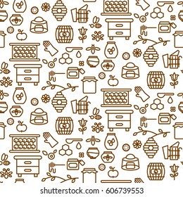 Honey outline icon seamless vector pattern. Line style monochrome beekeeping background.