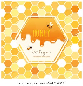 Honey package design. Label on seamless honeycomb pattern.