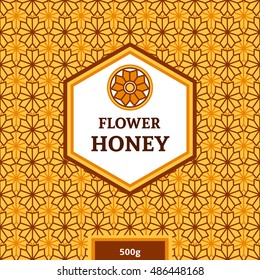 Honey package template vector. Label, tag or badge for flower honey products. Minimal line ornament floral pattern and emblem with flower logo.  