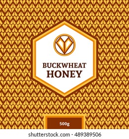 Honey package template vector. Label, tag or badge for buckwheat honey products. Minimal line ornament pattern and emblem with buckwheat grain logo as heart.